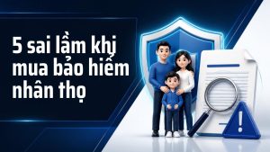 Ảnh minh họa 5 sai lầm khi mua bảo hiểm nhân thọ với gia đình được khiên bảo vệ, hợp đồng, kính lúp và biểu tượng cảnh báo