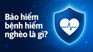 Ảnh minh họa bảo hiểm bệnh hiểm nghèo, biểu tượng trái tim y tế trong khiên bảo vệ tông xanh navy