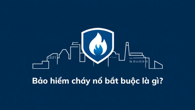 Minh họa bảo hiểm cháy nổ bắt buộc: khiên bảo vệ và ngọn lửa trước nền thành phố, biểu tượng an toàn phòng cháy chữa cháy cho cơ sở bắt buộc mua bảo hiểm