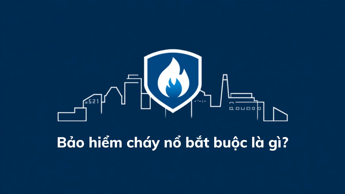 Minh họa bảo hiểm cháy nổ bắt buộc: khiên bảo vệ và ngọn lửa trước nền thành phố, biểu tượng an toàn phòng cháy chữa cháy cho cơ sở bắt buộc mua bảo hiểm