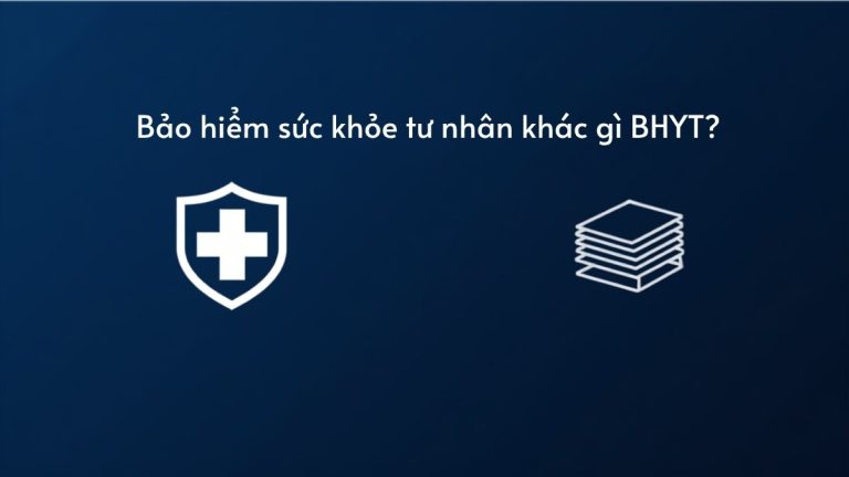 Ảnh minh họa so sánh bảo hiểm sức khỏe tư nhân và bảo hiểm y tế nhà nước (BHYT), biểu tượng khiên y tế và tài liệu bảo hiểm