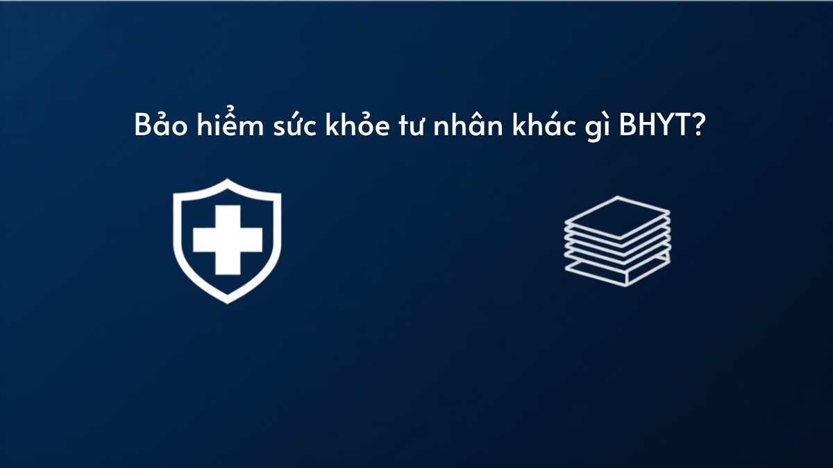 Ảnh minh họa so sánh bảo hiểm sức khỏe tư nhân và bảo hiểm y tế nhà nước (BHYT), biểu tượng khiên y tế và tài liệu bảo hiểm