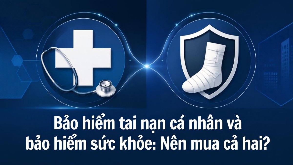 Minh họa hai biểu tượng chữ thập y tế và khiên bảo vệ bó bột tượng trưng cho bảo hiểm sức khỏe và bảo hiểm tai nạn cá nhân bổ trợ nhau, tông xanh navy chuyên nghiệp