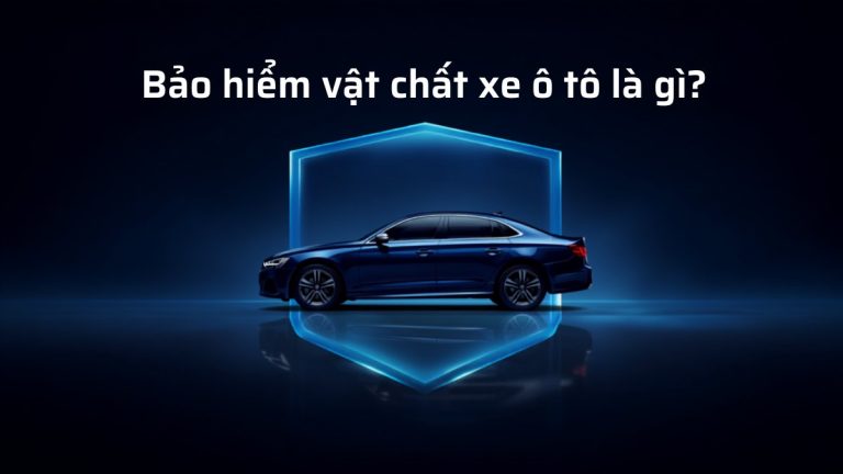 Xe ô tô sedan màu xanh đậm bên trong khiên bảo vệ phát sáng, minh họa bảo hiểm vật chất xe ô tô bảo vệ tài sản của chính chiếc xe