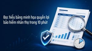 Tài liệu bảng số liệu và biểu đồ dưới kính lúp, kèm khiên bảo vệ và đồng hồ, minh họa bài đọc hiểu bảng minh họa quyền lợi bảo hiểm nhân thọ