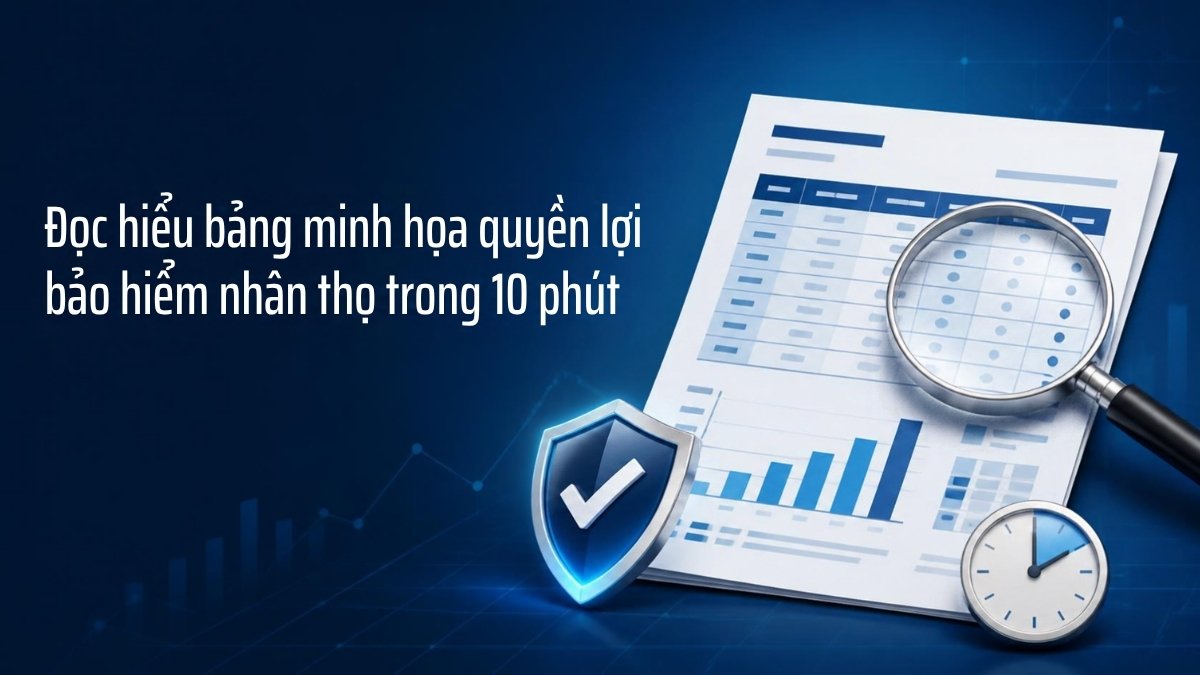 Tài liệu bảng số liệu và biểu đồ dưới kính lúp, kèm khiên bảo vệ và đồng hồ, minh họa bài đọc hiểu bảng minh họa quyền lợi bảo hiểm nhân thọ