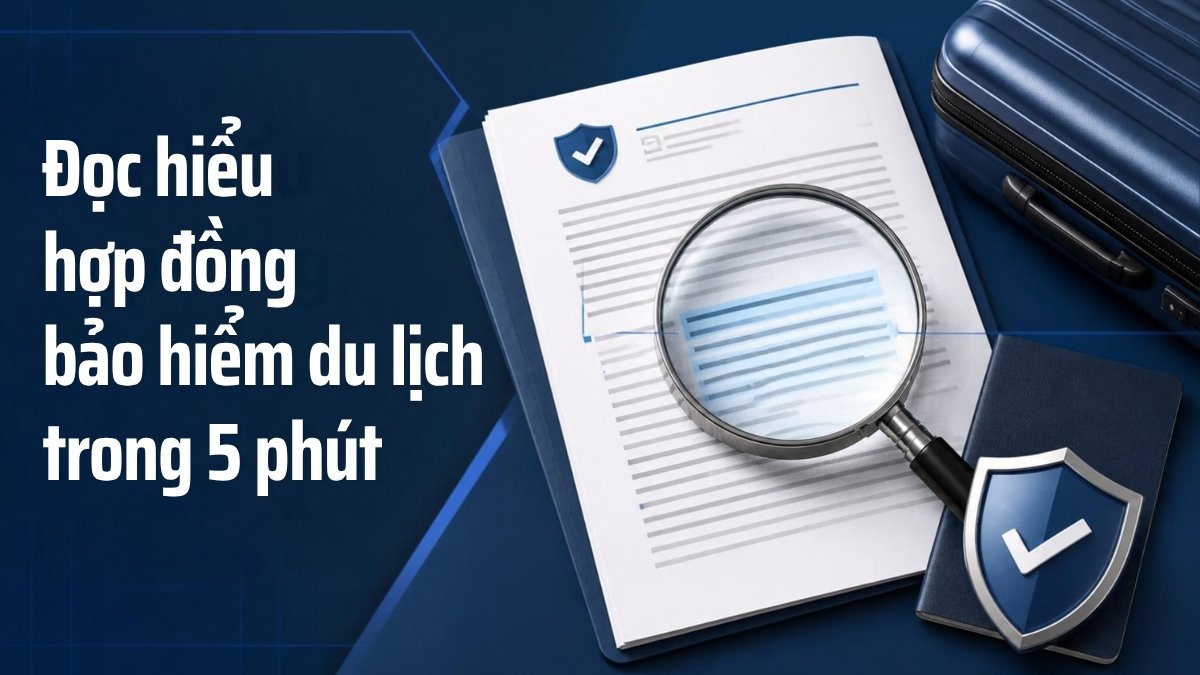 Minh họa đọc hợp đồng bảo hiểm du lịch bằng kính lúp, biểu tượng khiên bảo vệ và vali du lịch, tông xanh navy chuyên nghiệp