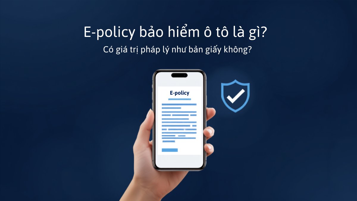 Bàn tay cầm điện thoại hiển thị giấy chứng nhận bảo hiểm điện tử e-policy ô tô kèm biểu tượng xác nhận hợp lệ