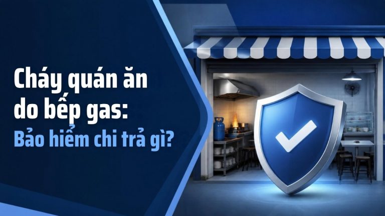 Ảnh minh họa cháy quán ăn do bếp gas với bình gas, khu bếp và khiên bảo vệ tượng trưng bảo hiểm cháy nổ chi trả