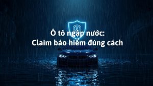 Ô tô sedan màu xanh navy ngập nước trong cơn mưa lớn ở đô thị, minh họa cho bài viết claim bảo hiểm ô tô bị ngập nước