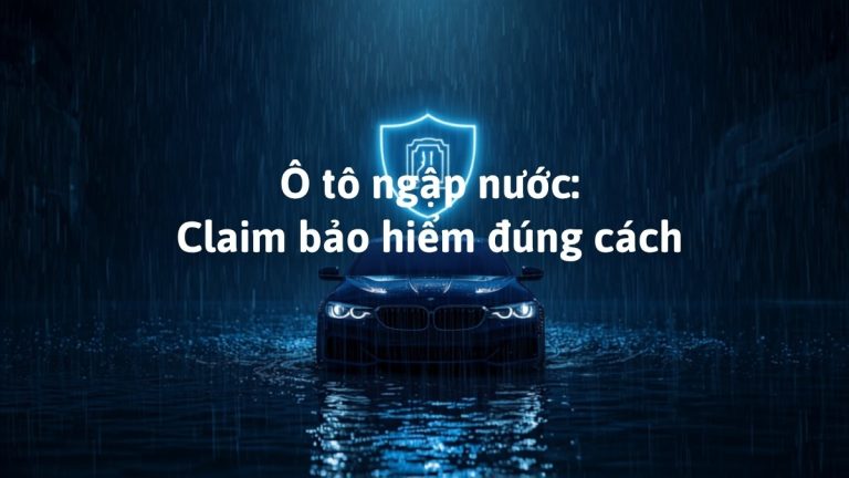 Ô tô sedan màu xanh navy ngập nước trong cơn mưa lớn ở đô thị, minh họa cho bài viết claim bảo hiểm ô tô bị ngập nước