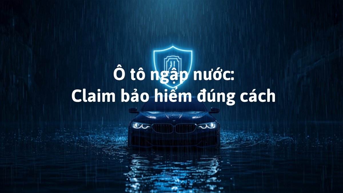 Ô tô sedan màu xanh navy ngập nước trong cơn mưa lớn ở đô thị, minh họa cho bài viết claim bảo hiểm ô tô bị ngập nước