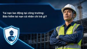 Công nhân xây dựng đội mũ bảo hộ trước giàn giáo công trường, minh họa bài tai nạn lao động tại công trường và bảo hiểm tai nạn cá nhân chi trả gì