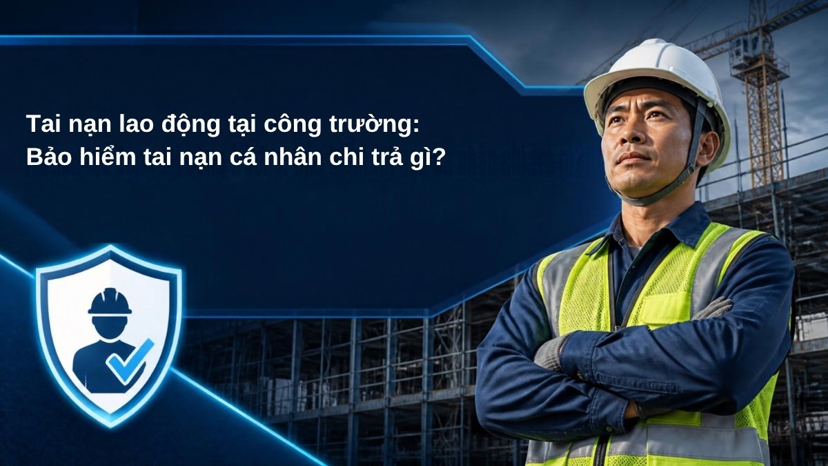Công nhân xây dựng đội mũ bảo hộ trước giàn giáo công trường, minh họa bài tai nạn lao động tại công trường và bảo hiểm tai nạn cá nhân chi trả gì