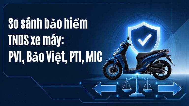 Ảnh minh họa so sánh bảo hiểm TNDS bắt buộc xe máy giữa PVI, Bảo Việt, PTI, MIC với biểu tượng khiên bảo vệ và cân so sánh