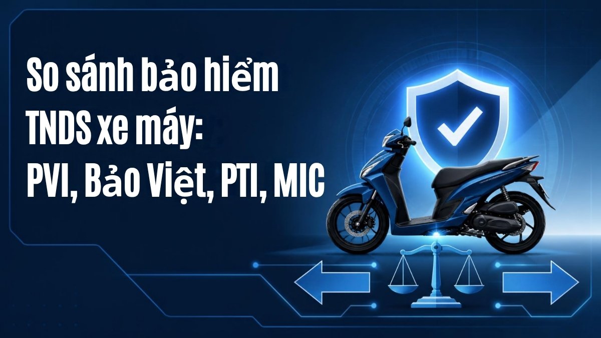 Ảnh minh họa so sánh bảo hiểm TNDS bắt buộc xe máy giữa PVI, Bảo Việt, PTI, MIC với biểu tượng khiên bảo vệ và cân so sánh