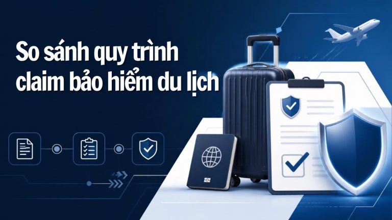 Ảnh minh họa so sánh quy trình claim bảo hiểm du lịch với vali, hộ chiếu, hồ sơ bồi thường và khiên bảo vệ