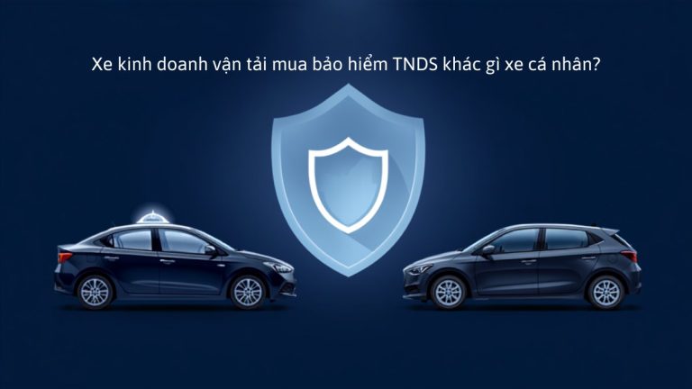 Hai chiếc ô tô (xe kinh doanh vận tải và xe cá nhân) cùng biểu tượng khiên bảo vệ, minh họa so sánh bảo hiểm TNDS bắt buộc giữa xe kinh doanh vận tải và xe cá nhân