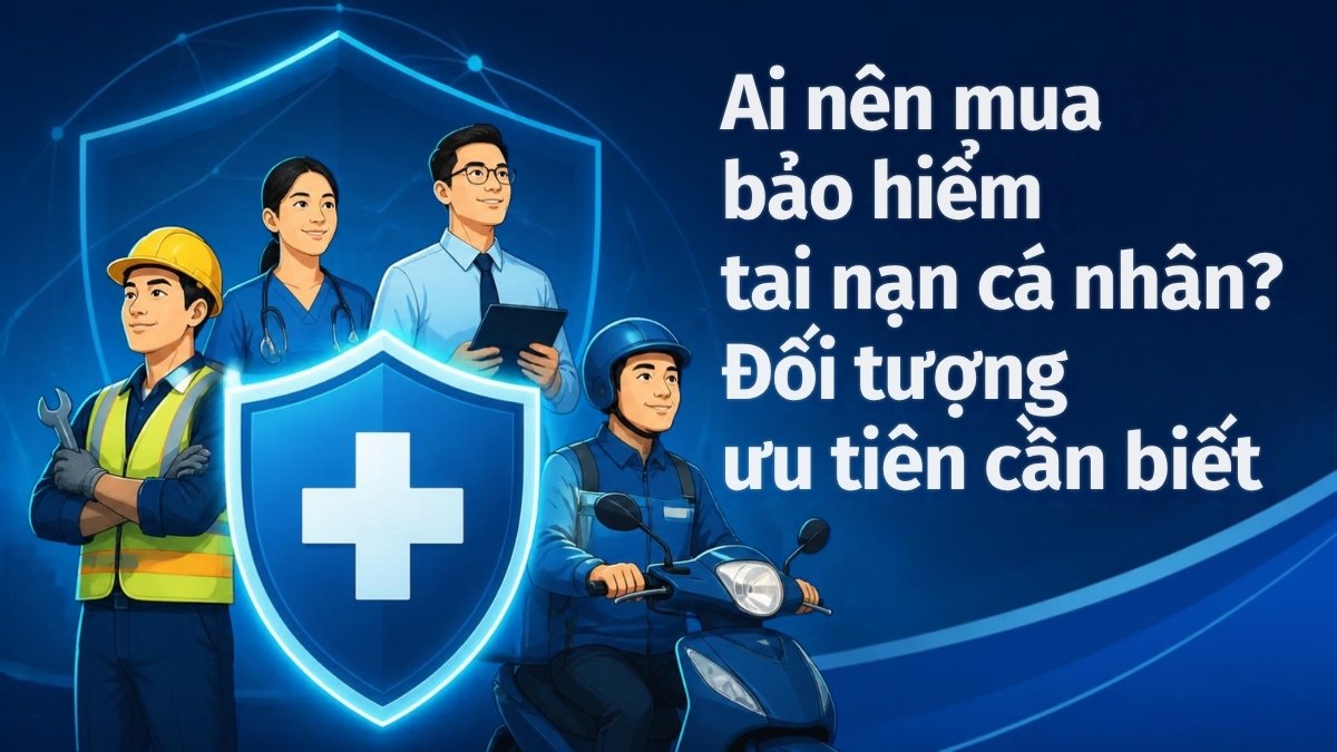 Công nhân, bác sĩ, nhân viên văn phòng và shipper cùng biểu tượng khiên bảo vệ y tế minh họa đối tượng nên mua bảo hiểm tai nạn cá nhân