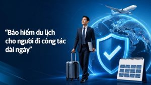 Doanh nhân kéo vali đi công tác cùng khiên bảo vệ, quả địa cầu và lịch 12 tháng minh họa bảo hiểm du lịch cho người đi công tác dài ngày