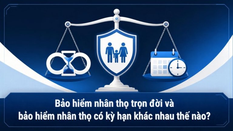 Cán cân thăng bằng giữa biểu tượng vô cực và lịch đồng hồ cùng khiên bảo vệ gia đình minh họa so sánh bảo hiểm nhân thọ trọn đời và có kỳ hạn