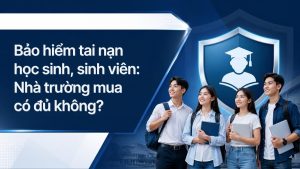 Bốn học sinh, sinh viên đứng trước biểu tượng khiên bảo vệ minh họa cho bảo hiểm tai nạn học sinh, sinh viên do nhà trường mua