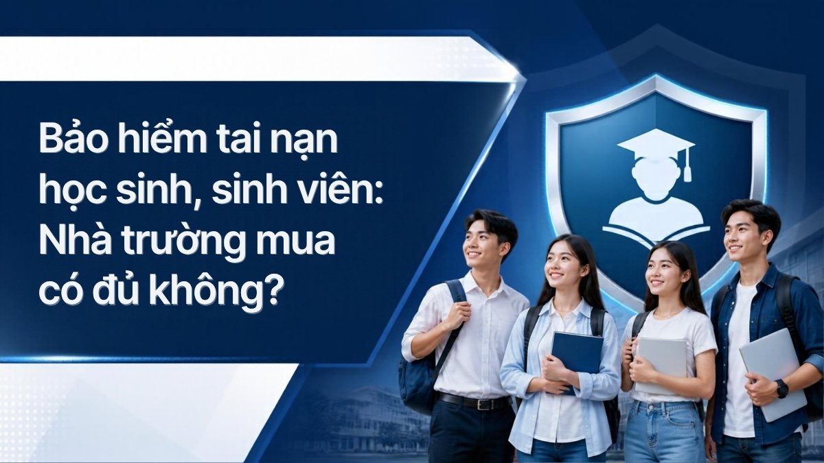 Bốn học sinh, sinh viên đứng trước biểu tượng khiên bảo vệ minh họa cho bảo hiểm tai nạn học sinh, sinh viên do nhà trường mua