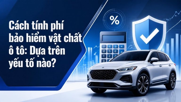 Ô tô cùng máy tính, biểu tượng phần trăm và khiên bảo vệ minh họa cách tính phí bảo hiểm vật chất ô tô