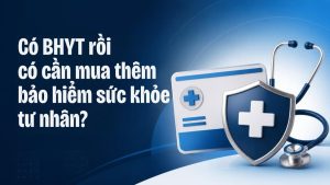 Ảnh minh họa thẻ bảo hiểm y tế và khiên chữ thập y tế bên ống nghe – Có BHYT rồi có cần mua thêm bảo hiểm sức khỏe tư nhân không?