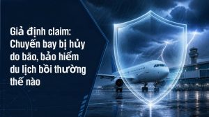 Minh họa máy bay tại sân bay trong cơn bão với biểu tượng khiên bảo vệ, chủ đề chuyến bay bị hủy do bão và bảo hiểm du lịch