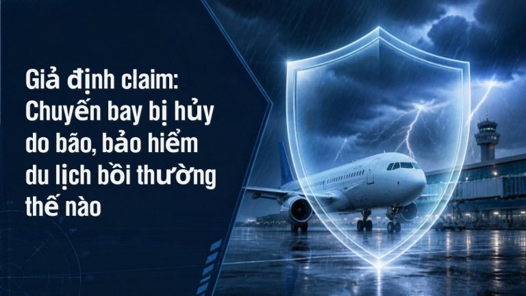 Minh họa máy bay tại sân bay trong cơn bão với biểu tượng khiên bảo vệ, chủ đề chuyến bay bị hủy do bão và bảo hiểm du lịch