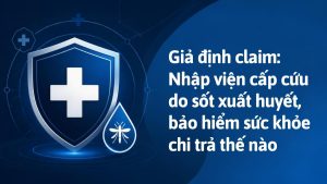 Khiên bảo vệ với chữ thập y tế và biểu tượng muỗi minh họa cho bảo hiểm sức khỏe chi trả khi nhập viện cấp cứu do sốt xuất huyết