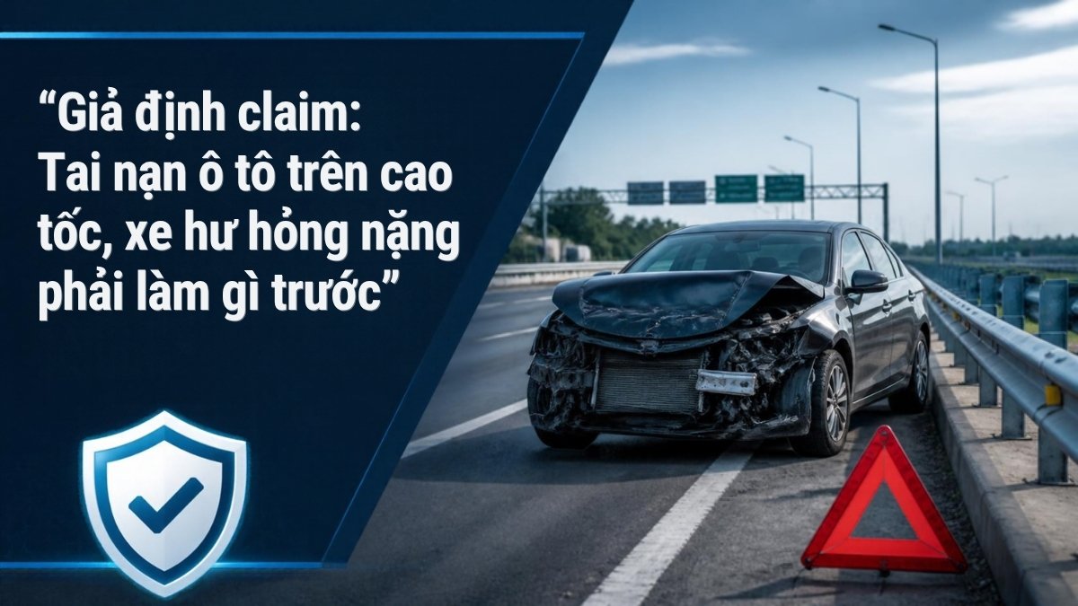 Ô tô hư hỏng nặng phần đầu trên đường cao tốc với biển cảnh báo tam giác phản quang phía sau, minh họa tình huống claim bảo hiểm vật chất xe ô tô