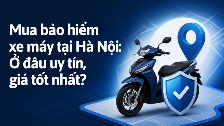 Xe máy với khiên bảo vệ và biểu tượng định vị Hà Nội, minh họa chủ đề mua bảo hiểm xe máy tại Hà Nội