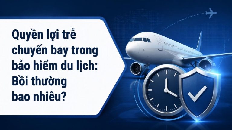 Máy bay, đồng hồ và khiên bảo vệ minh họa quyền lợi bồi thường trễ chuyến bay trong bảo hiểm du lịch